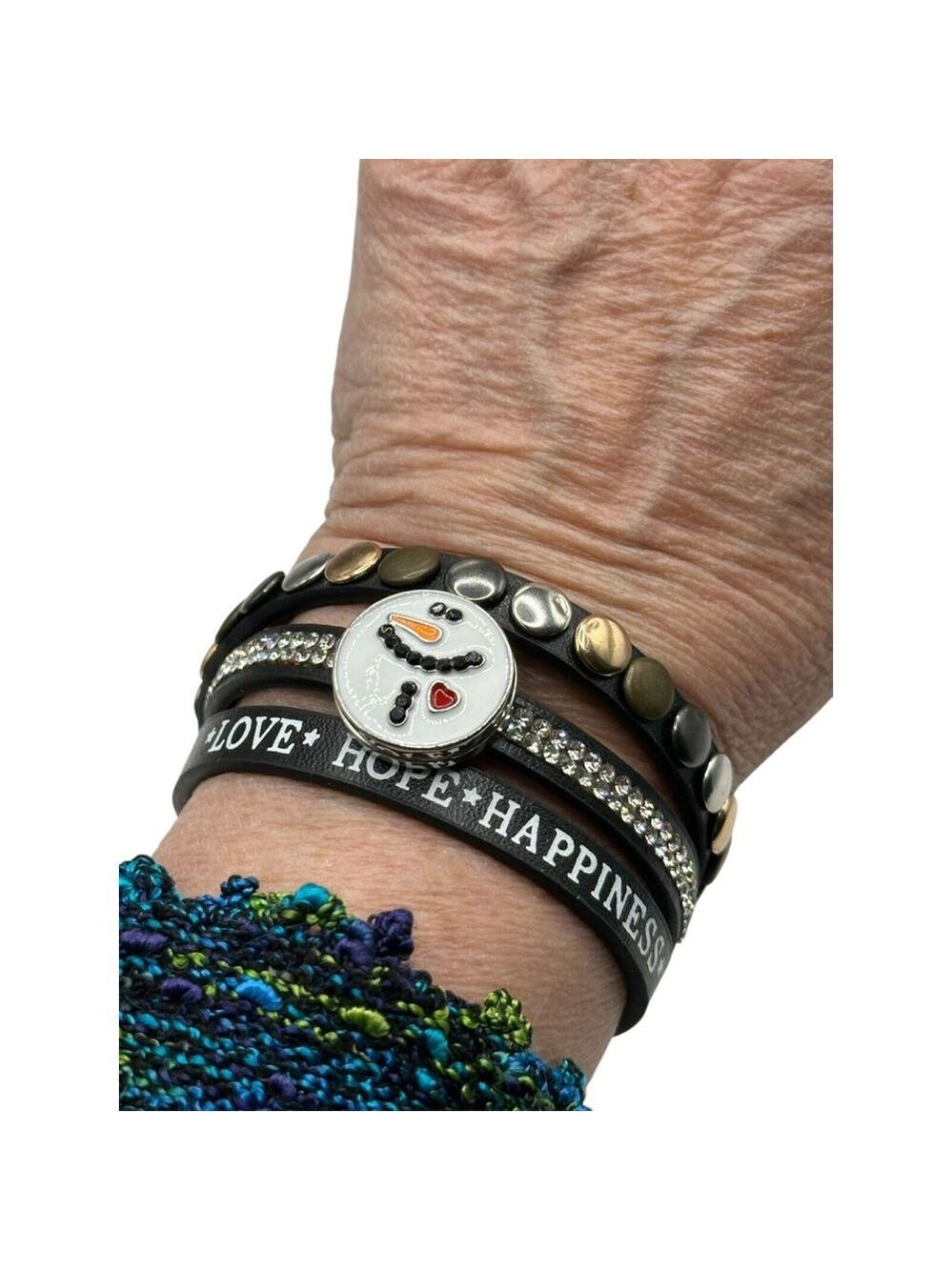 Snap Jewelry Black Leather Wrap Bracelet w/ 18mm Smiling Snowman Ginger Snap NWT